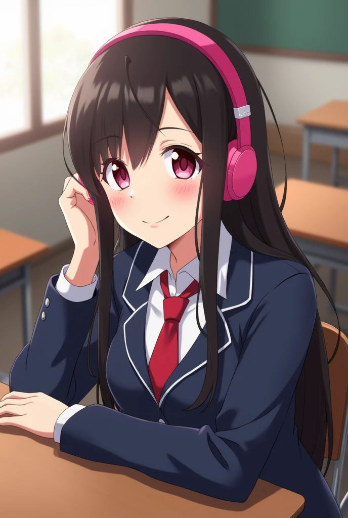 Screenshot of My hero academia girl with long straight dark brown hair and bangs reddish eyes smiling in U uniform.A in her seat listening to music with pink headphones
