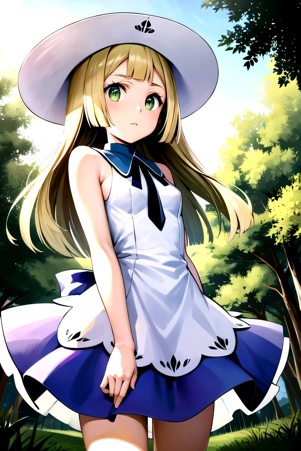 1 girl, masterpiece, (detailed background), Best Quality, absurdities, looking at the viewer,
forest path, field, grass, dirt road, wooden fence, blue sky, clouds, (sakura trees), sleeveless, exposed shoulders,
lilia, White dress, white sun hat, white ribbon, frown, expressionless,