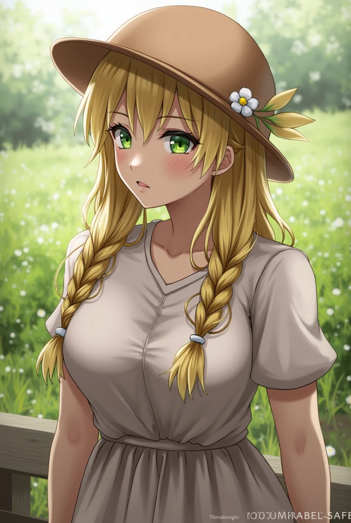 BREAK, rating_safe, zy_mirabel, 1girl, long hair, hat, flower, braid, freckles, hat flower, twin braids, large breasts, green eyes, sit, garden, realistic, photo, real hair, detailed skin, highly detailed, detailed skin, depth of field, film grain,