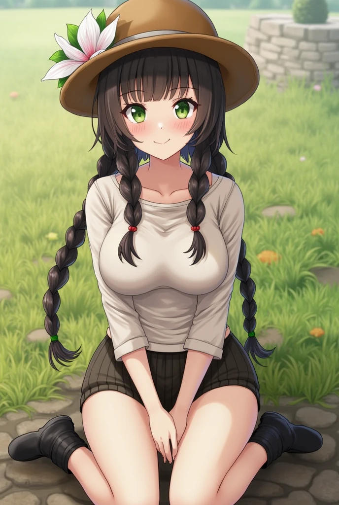 BREAK, rating_safe, zy_mirabel, 1girl, long hair, hat, flower, braid, freckles, hat flower, twin braids, large breasts, green eyes, sit, garden, realistic, photo, real hair, detailed skin, highly detailed, detailed skin, depth of field, film grain,