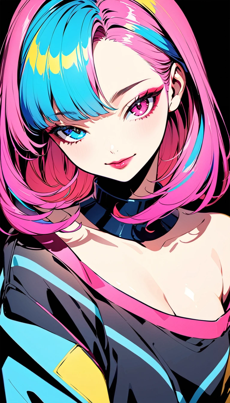 (Highest quality:1.2, City Pop Style, Very detailed, Latest, Vibrant, High Contrast,masterpiece), 1 girl, solo, Anime Style, Heterochromia iridis, Hollow Eyes, Half Eye, Lips pink, lip, smile, Cyberpunk makeup, Long bangs on one side, Asymmetrical Short Hair, (Colorful Hair), Bobcut, pastel colour, 1980s style, ((Retro, Vintage, Plain background))