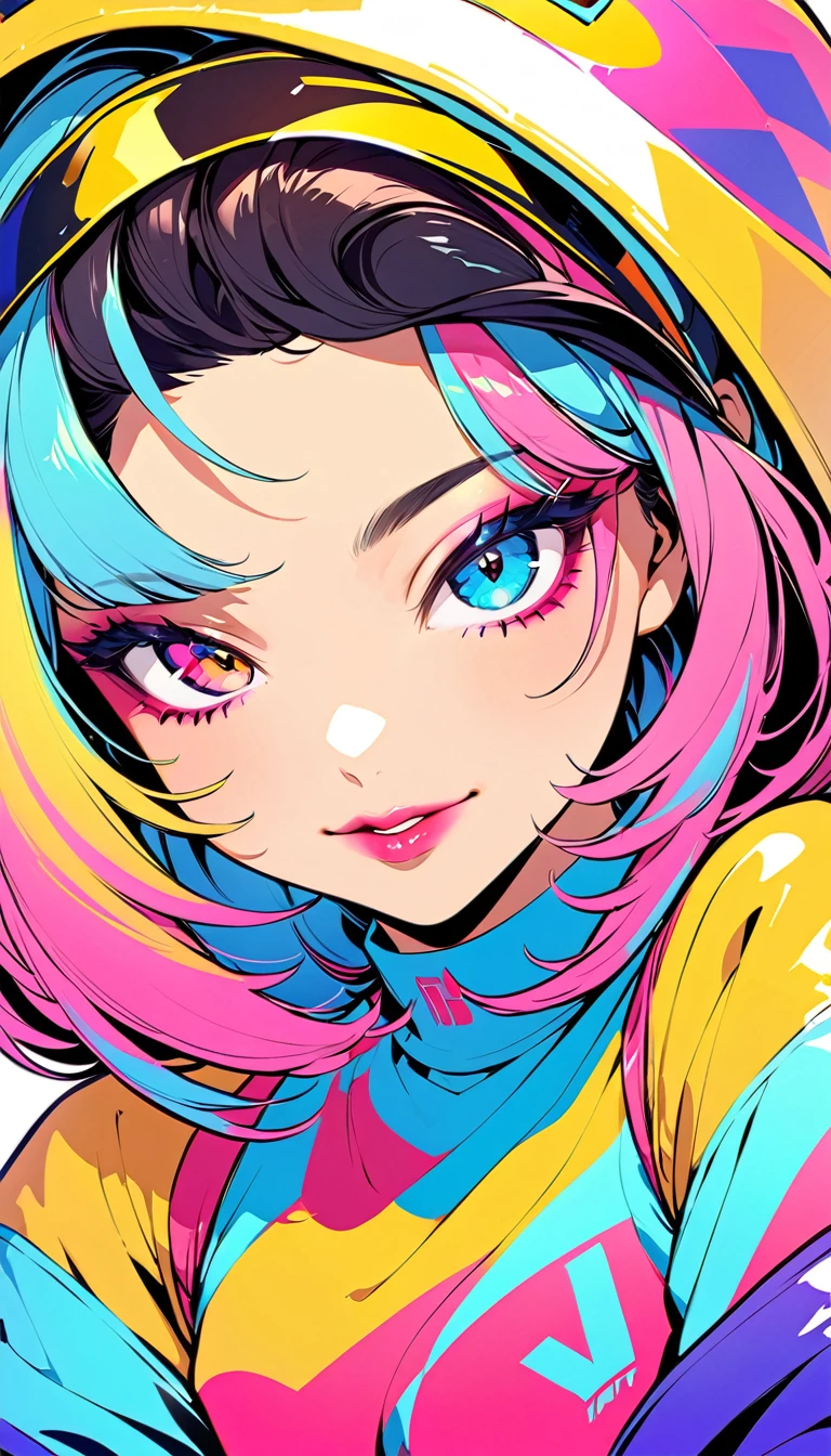 (Highest quality:1.2, City Pop Style, Very detailed, Latest, Vibrant, High Contrast,masterpiece), 1 girl, solo, Anime Style, Heterochromia iridis, Hollow Eyes, Half Eye, Lips pink, lip, smile, Cyberpunk makeup, Long bangs on one side, Asymmetrical Short Hair, (Colorful Hair), Bobcut, pastel colour, 1980s style, ((Retro, Vintage, Plain background))