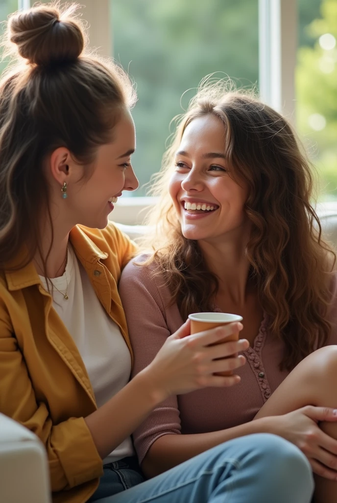 Create an image of a mother and her teenage daughter, around 15-17 years old, sitting together and laughing happily while having a conversation. The mother's and daughter's faces should be lit up with joy, showing a deep emotional connection and bond. The scene should feel casual and relaxed, with both of them sitting close together, perhaps in a cozy living room or outdoor setting. The lighting should be bright and natural, enhancing the warmth and happiness of the moment. The background should be softly blurred to keep the focus on their expressions and interaction.