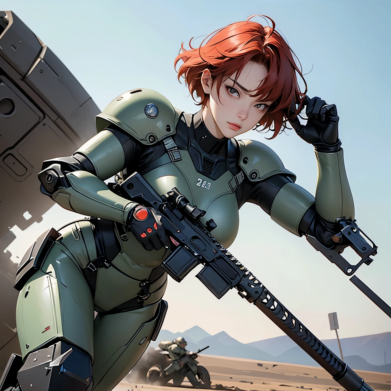 nsfw, anime screencap, 16K, perfect anatomy proportion body, perfect hands, action, A dynamic composition with a sense of speed and movement, (Hold an assault rifle:1.6), a wife, 40age, perfect beautiful delicate sexy face, perfect beautiful delicate slanted red eyes, red hair, swept bangs pixie cut, medium breasts, Camouflage colored heavy armor robotic steam engine full armor powered suit, Many robot soldiers having a gunfight in the background, Flying bullets, Desert Battlefield, war, cyberpunk,