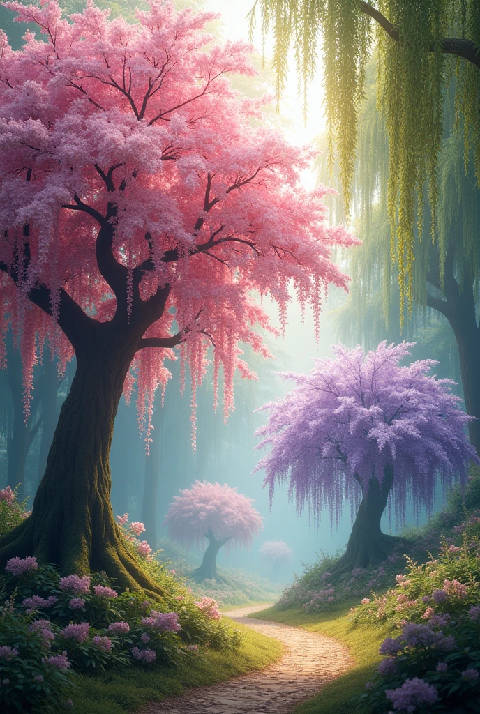 divine trees, cherry blossom tree, Omathus flower tree, pear blossom tree, wisteria tree, weeping willow tree