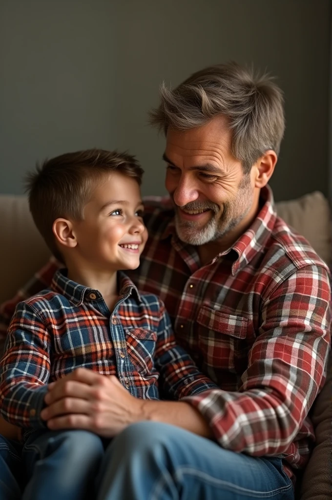 3D image of father and son sitting in plaid shirt