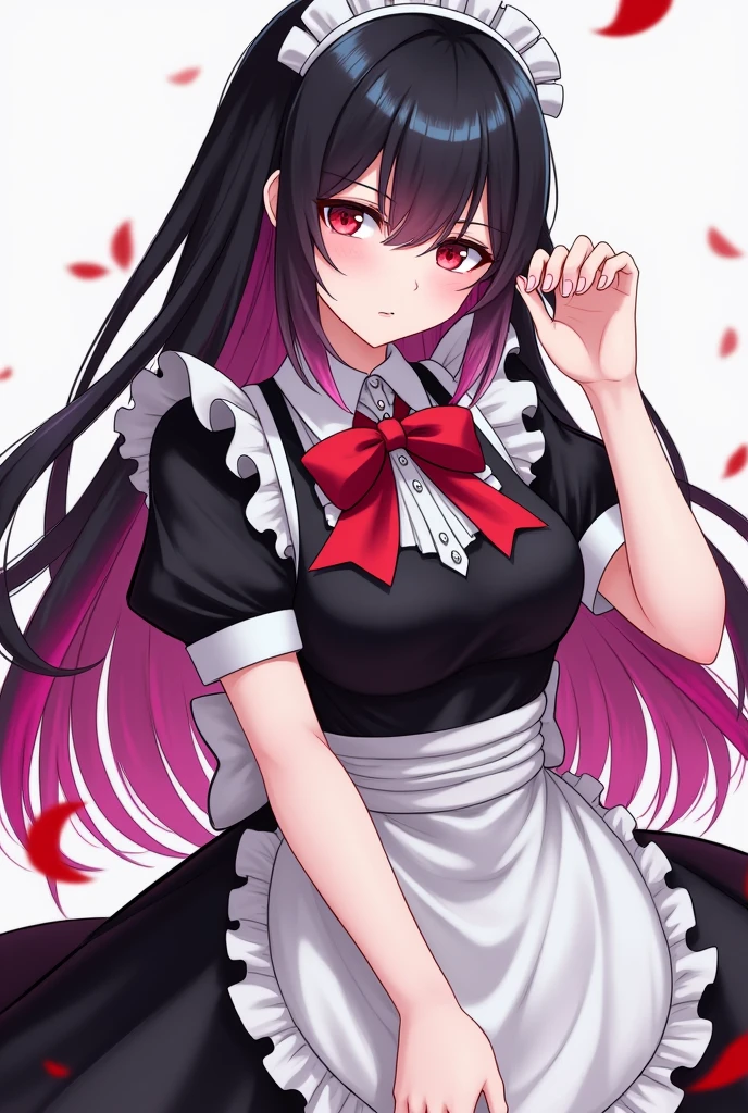 Draw Genshin Style, Adult girl, maid outfit, Black hair is long with pink tips,black bangs, perfect hands, malicious expression, perfect toes