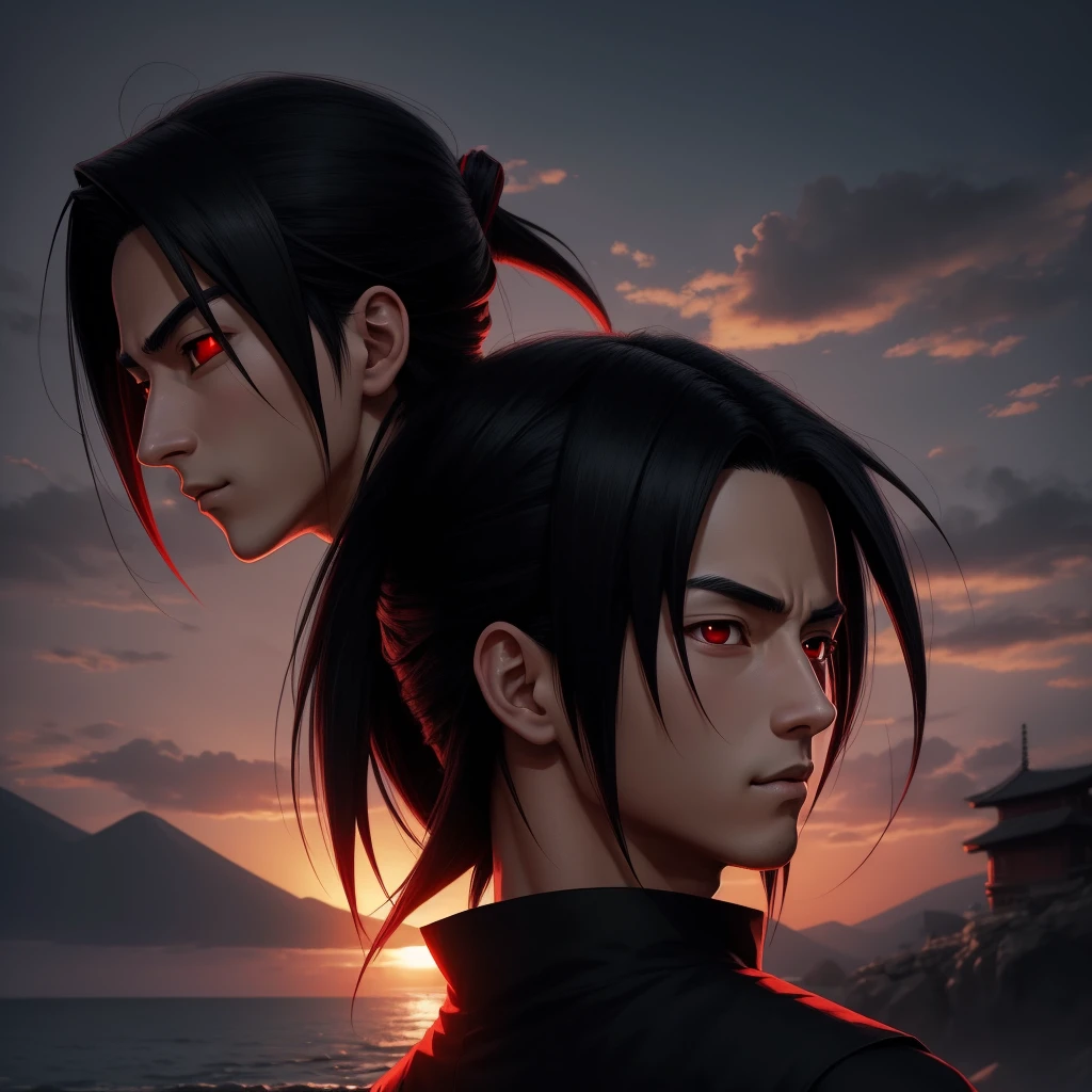 Profile photo, masterpiece, solo, ultra-precise texture rendering, cool handsome Uchiha Itachi, reliable, savior of the world, simple design, best visuals, 8K, red eyes Light, the color is similar to the original ninja according to the story.background for red sun