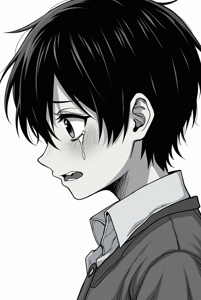 A tearful protagonist in profile from the perspective of an omniscient manga reader