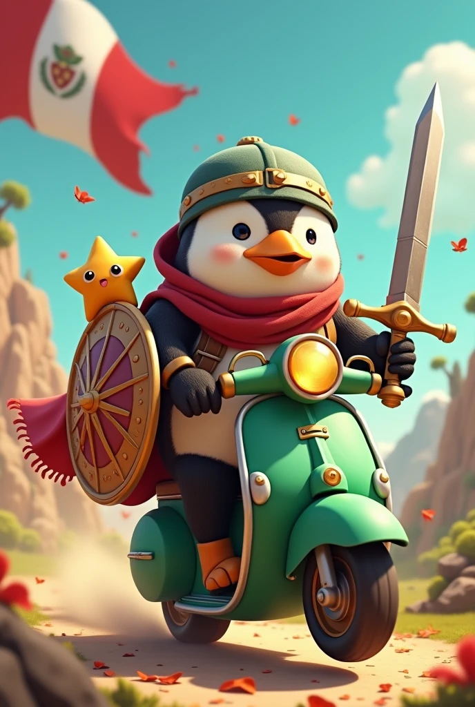 Penguin and little golden star , with his sword and shield and his green scooter with the Peruvian flag in the background
