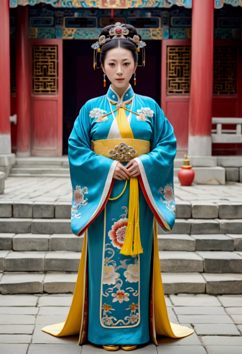 A woman seen from the front, standing full-body, facing forward, wearing a crown and floral hairpin of a Qing dynasty empress in the Chinese imperial court of the Qing dynasty, showing her chest, lower abdomen, thighs and feet。She is wearing no underwear, and her large breasts are exposed, right down to her bare stomach. Her body is tied up and pulled up, and the background is the stone pavement of the Chinese palace during the Qing dynasty.