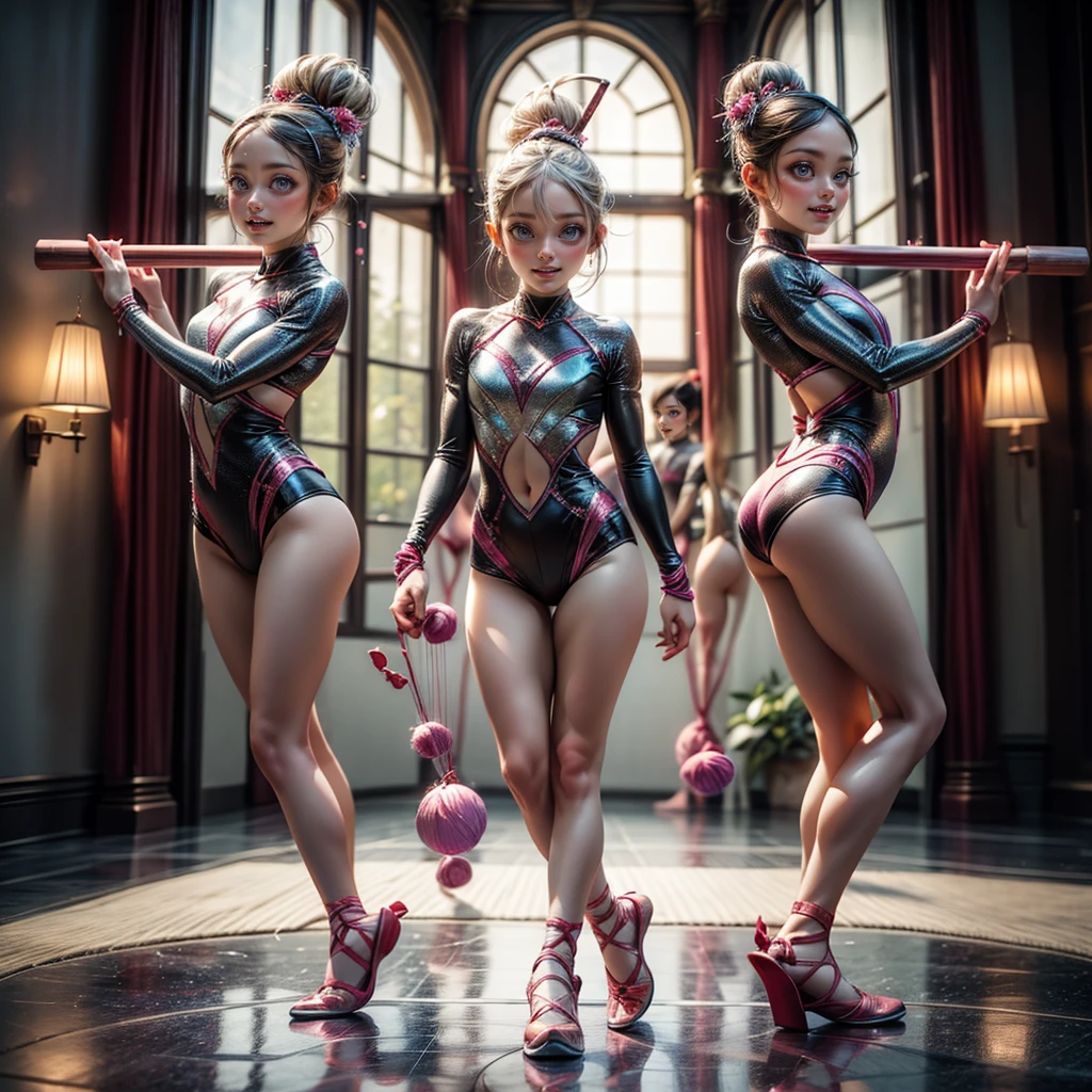 ExtremelyDetailed (((Rhythmic Gymnastics Team Kawaii Kids in a row:1.4))), Childish perfect face, Reflective Eyes, Detailed(Delicate Clothing textures), Corrected Leg to Foot Line, Corrected Perfect Hand, Dynamic Joyful Expressions LifeLike Rendering, ((Specular Reflection:1.28)), TopQuality 8K Ultra-detailed masterpiece (ProfessionalPhoto:1.37)(Acutance:0.8),(Luminism:1.22),