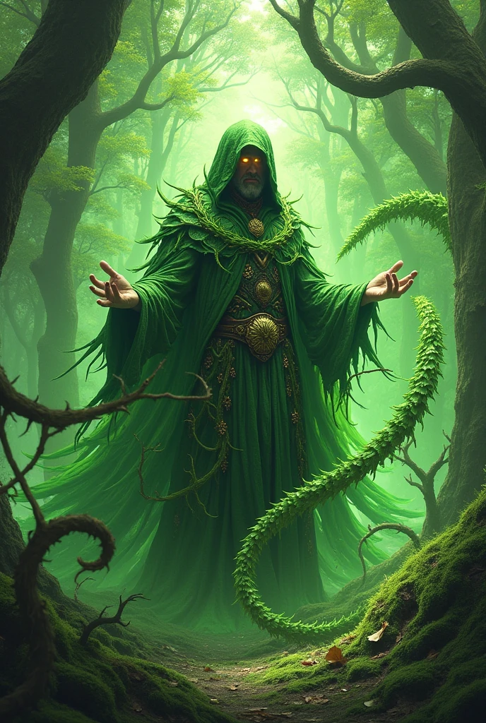 Forest Mage controlling a spiked vines from the ground and shooting leaf blades