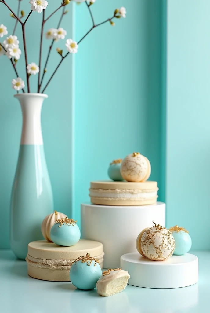 Confectionery in tiffany blue colors, white and gold