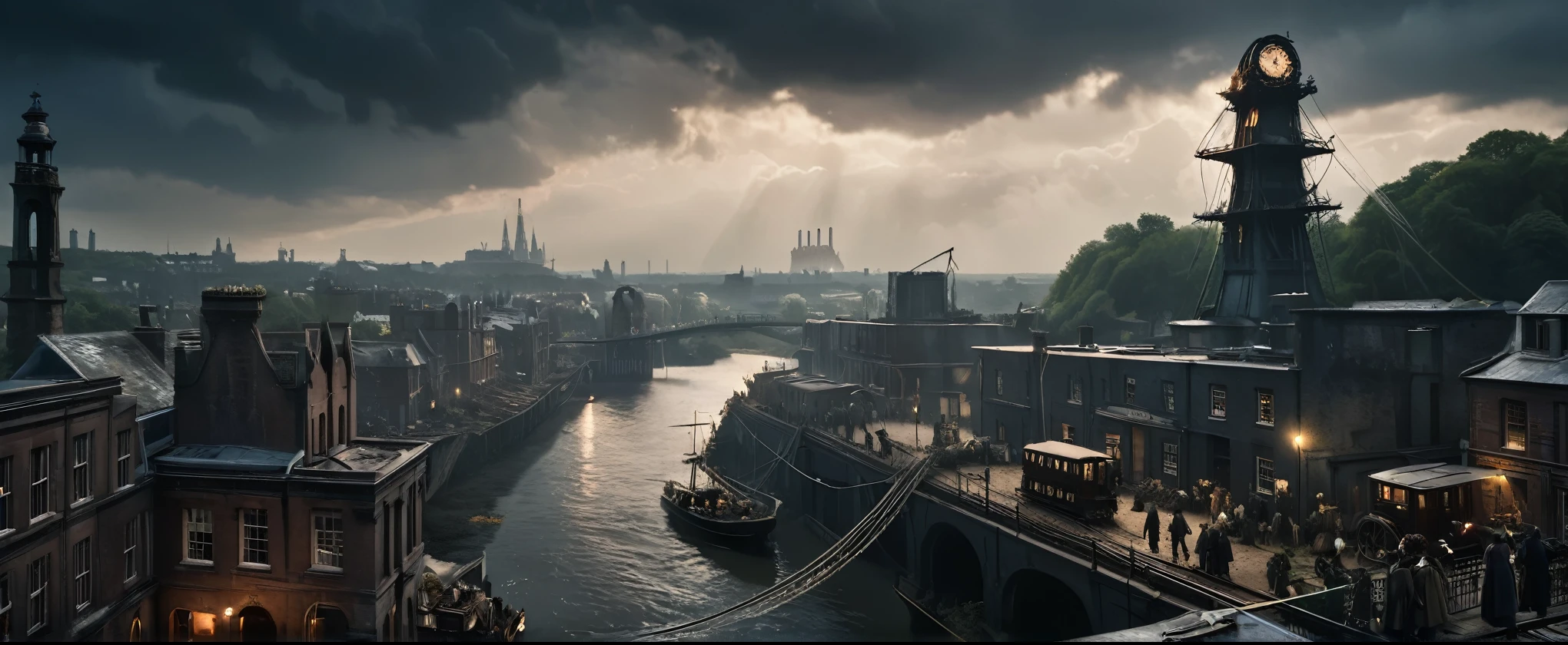 cinematic ground view of eschatological landscape of a victorian edimburg city, harmonious, (bridges:0.4), (waterfalls:1.1), sci fi, (ultra realistic:1.2), (cables), time tower, intricate engineerings, sinuous river, side, (vegetation:0.4), holograms, night, terraces, , happy life,intricate and detailled sailing ship on departure at quay, plenty of small boats on the river, flags, confettis, holy days, festivities, massive crowds, victorian clothes, messy rail trains, train station, drapery on windows, (full of life:1.2), chimneys, smokes, high resolution, city, view from above, from the ledge, slums, hyper detailled view, intricate city, atmospheric lighting, high contrast, dar mood, gigantism, ultra large wide angle, full view, great composition, rules of third, organic city , dramatic sky, storm in background,, shallow depth of field, vignette, highly detailed, high budget, bokeh, cinemascope, moody, epic, gorgeous, grainy, , 8k uhd, dslr, soft lighting, high quality, (film_grain:1.2), cinematic style, Leica M4,  50mm f/1.4 lens, f/2.8, ISO 400, 1/125 sec,