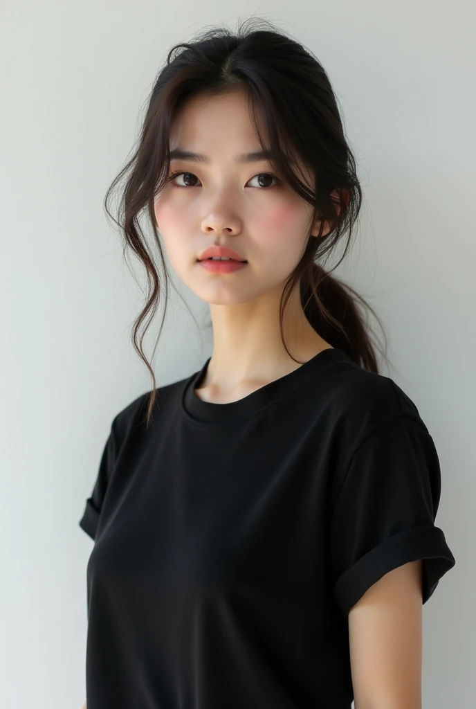 Young woman in plain black t-shirt, on a white background