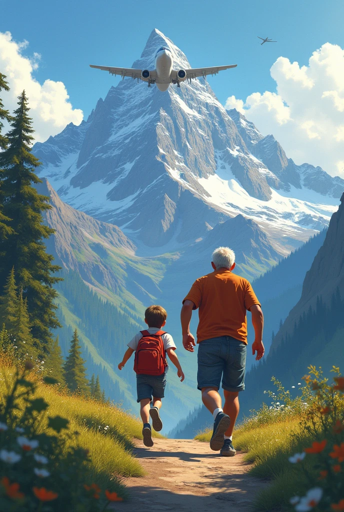 Father and son running to see a plane coming from behind the mountain 