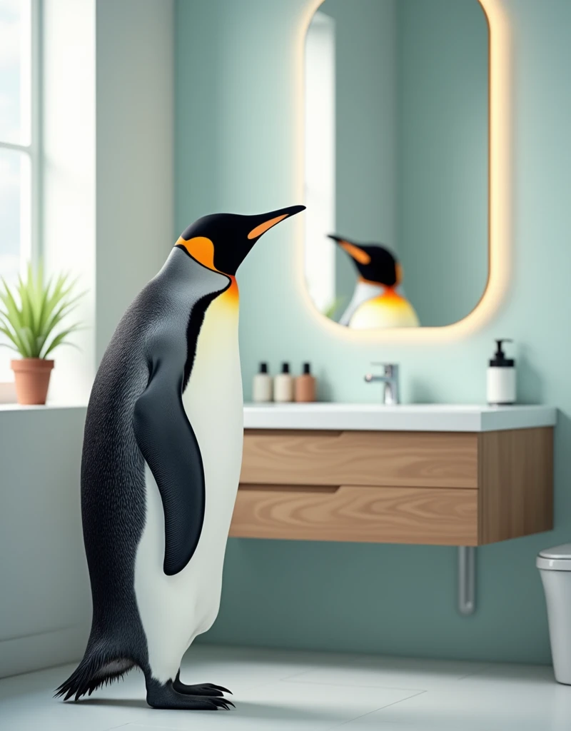 Super realistic photographic image of a penguin standing in a clean, modern bathroom. The human-sized big penguin is looking at his reflection in a large mirror above the vanity. The bathroom is brightly lit and furnished with standard fixtures, including a vanity, a small shelf, and neatly arranged toiletries. The penguin's figure is perfectly clear and sharp, and the precise colors and lighting create a natural, everyday atmosphere. The scene captures the penguin's curiosity and introspection as he gazes upon his reflection. The penguin in the mirror is trying to step out of the mirror just a little.
