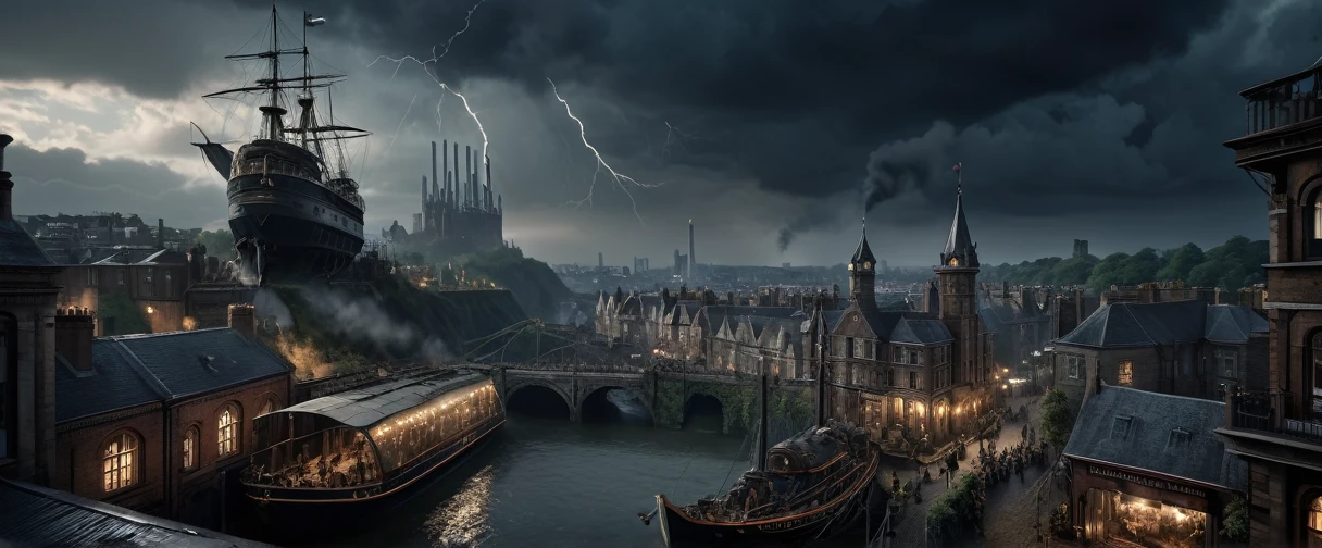 cinematic ground view of eschatological landscape of a victorian edimburg city, harmonious, (bridges:0.4), (waterfalls:1.1), sci fi, (ultra realistic:1.2), (cables), time tower, intricate engineerings, sinuous river, side, (vegetation:0.4), holograms, night, terraces, , happy life,intricate and detailled sailing ship on departure at quay, plenty of small boats on the river, flags, confettis, holy days, festivities, massive crowds, victorian clothes, messy rail trains, train station, drapery on windows, (full of life:1.2), chimneys, smokes, high resolution, city, view from above, from the ledge, slums, hyper detailled view, intricate city, atmospheric lighting, high contrast, dar mood, gigantism, ultra large wide angle, full view, great composition, rules of third, organic city , dramatic sky, storm in background,, shallow depth of field, vignette, highly detailed, high budget, bokeh, cinemascope, moody, epic, gorgeous, grainy, , 8k uhd, dslr, soft lighting, high quality, (film_grain:1.2), cinematic style, Leica M4,  50mm f/1.4 lens, f/2.8, ISO 400, 1/125 sec,
