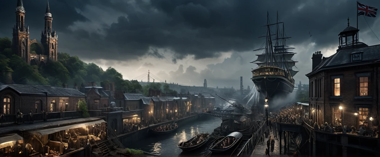 cinematic ground view of eschatological landscape of a victorian edimburg city, harmonious, (bridges:0.4), (waterfalls:1.1), sci fi, (ultra realistic:1.2), (cables), time tower, intricate engineerings, sinuous river, side, (vegetation:0.4), holograms, night, terraces, , happy life,intricate and detailled sailing ship on departure at quay, plenty of small boats on the river, flags, confettis, holy days, festivities, massive crowds, victorian clothes, messy rail trains, train station, drapery on windows, (full of life:1.2), chimneys, smokes, high resolution, city, view from above, from the ledge, slums, hyper detailled view, intricate city, atmospheric lighting, high contrast, dar mood, gigantism, ultra large wide angle, full view, great composition, rules of third, organic city , dramatic sky, storm in background,, shallow depth of field, vignette, highly detailed, high budget, bokeh, cinemascope, moody, epic, gorgeous, grainy, , 8k uhd, dslr, soft lighting, high quality, (film_grain:1.2), cinematic style, Leica M4,  50mm f/1.4 lens, f/2.8, ISO 400, 1/125 sec,