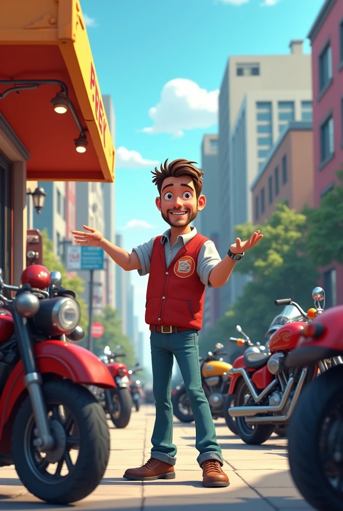 Man offering free oil changes for motorcycles animated more animated
