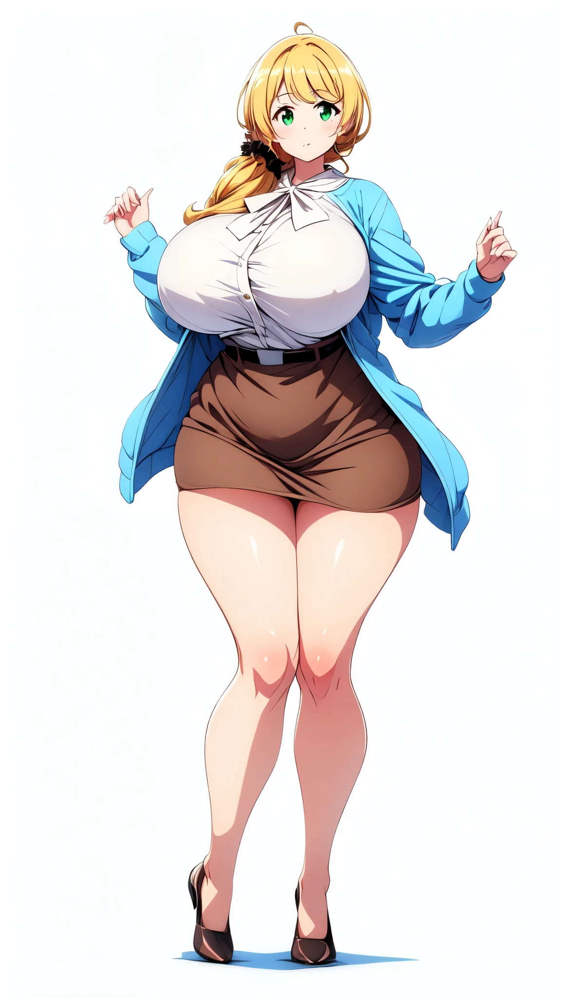 One girl, simple white background, (teacher:1.4),
Ellen_baker, long legs, Green Eyes, Blonde, Long Hair, Hair Scrunchie, Jacket, White shirt, Skirt best quality, , masterpiece, High resolution, ((huge breasts, bursting breasts, spilling out)), Shiny, oily skin, Mature mother, Calf, Seductive mature woman, Perfect body, (thin:1.4), narrow waist, Plus Size Model, (Thick thighs, Voluptuous thighs), bare legs,