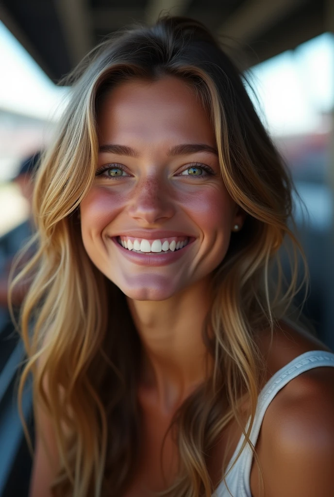 A beautiful 21 year old, wavy dark blonde hair, greeneyes, White and clear skin, dimples and a beautiful smile, watching an F1 race