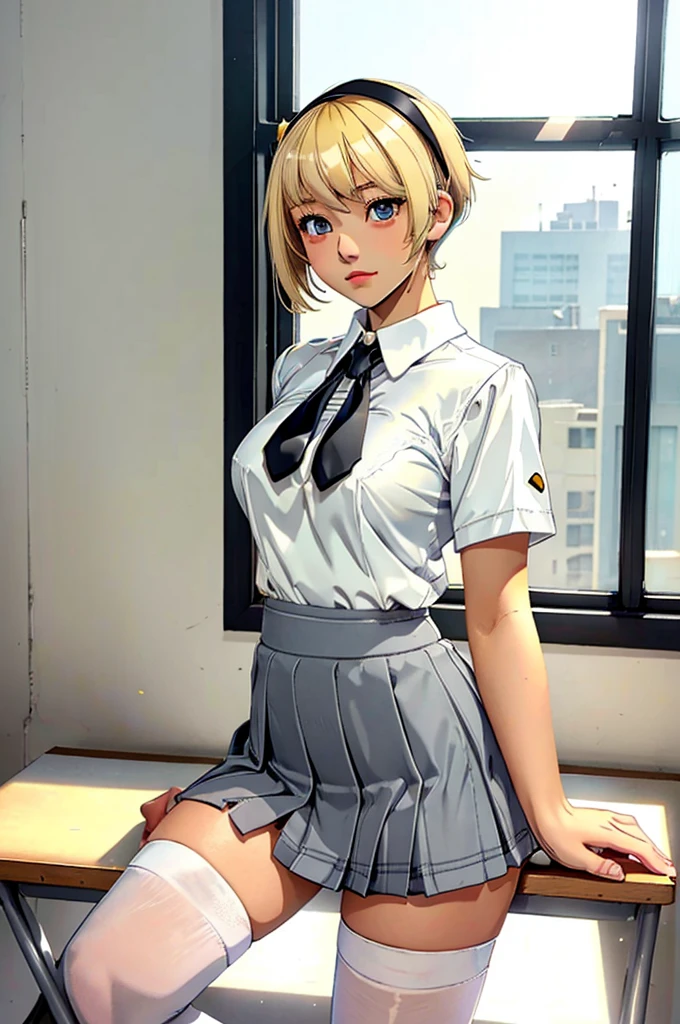 Dreaming highschool girl, watching in the window, seating in the class room, grey eyes, grey mini skirt, very short blond haircut, white school uniform blouse, black tie, perfect legs