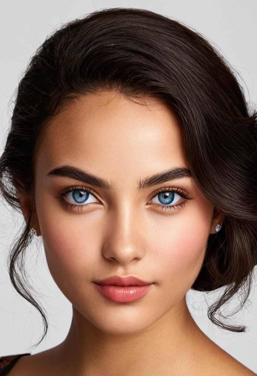 A vibrant and captivating portrait of a young 20-year-old woman with a unique blend of Cuban and Italian heritage, characterized by high cheekbones, an rounded eye shape, and an irresistible cute gaze that draws the viewer in. Her bright blue eyes sparkle with warmth, complemented by full, plump lips that curve into a gentle, enigmatic smile. Her diamond-shaped face is accentuated by a small, curved nose and elegantly shaped eyebrows that follow the natural curve of her eyes. Her skin has a smooth, golden undertone, a testament to her multicultural background. Her hair is a rich, dark brown, framing her heart-shaped face and adding depth to her overall features. The overall mood of the portrait is one of youthful energy and confidence, with a subtle sense of playfulness and charm.