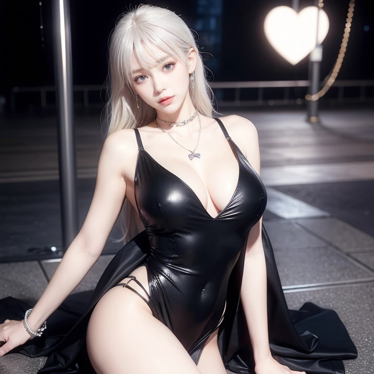 (masterpiece, Highest quality, Complex), Cowboy Shot, ((lean forward to emphasize the chest)), 1 girl, Cute eyes, Beautiful Face, Perfect round , Fit and body, ((Beautiful matman)), (/Black Mask:1.5/, /Grey tight long dress with plunging neckline:1.2/ & Lightweight cardigan), clavicle、Captivating smile, Mischievous face, Sweat, Snapshots of the city、Fashion magazine style、Street Fashion Magazines、stylish、Platinum Blonde Hair、Heart Necklace、(Very large breasts:1