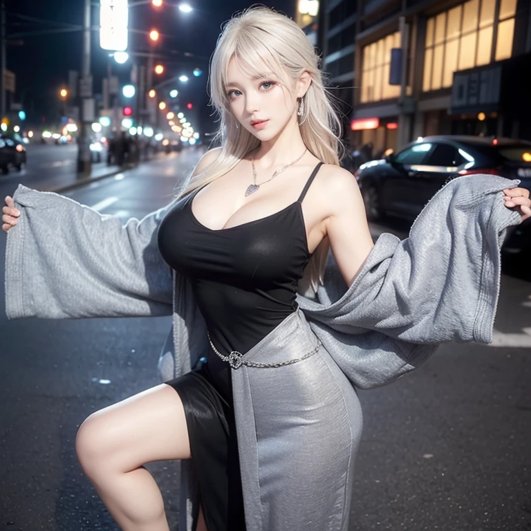 (masterpiece, Highest quality, Complex), Cowboy Shot, ((lean forward to emphasize the chest)), 1 girl, Cute eyes, Beautiful Face, Perfect round ass, Fit and body, ((Beautiful mature woman)), (/Black Mask:1.5/, /Grey tight long dress with plunging neckline:1.2/ & Lightweight cardigan), clavicle、Captivating smile, Mischievous face, Sweat, Snapshots of the city、Fashion magazine style、Street Fashion Magazines、stylish、Platinum Blonde Hair、Heart Necklace、(Very large breasts:1.3)