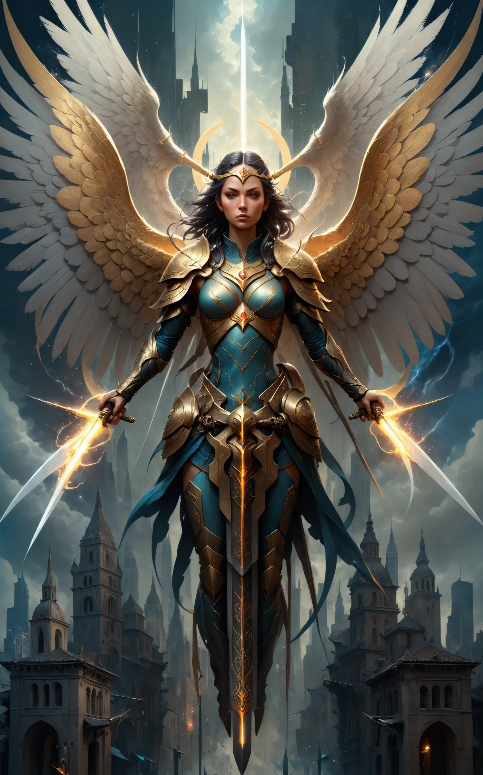 a painting of a woman with wings and a sword in a city, symmetrical epic fantasy art, peter mohrbacher. unreal engine, tomasz alen kopera and cgsociety, stunning cgsociety, inspired by Aleksi Briclot, by Jeremy Chong, cgsociety contest winner, fantasy art behance, artgerm julie bell beeple
