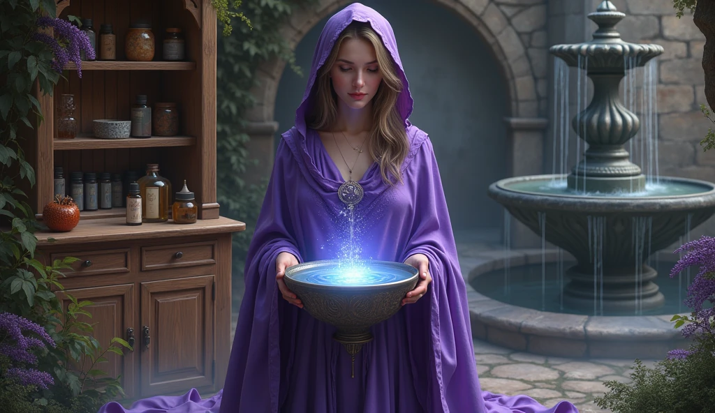 woman in violet priestess cape holding bowl of water, with water inside transmit depth, in the background a cupboard with various aromatic herbs, essential oils, Lavender, a large fountain with water behind it