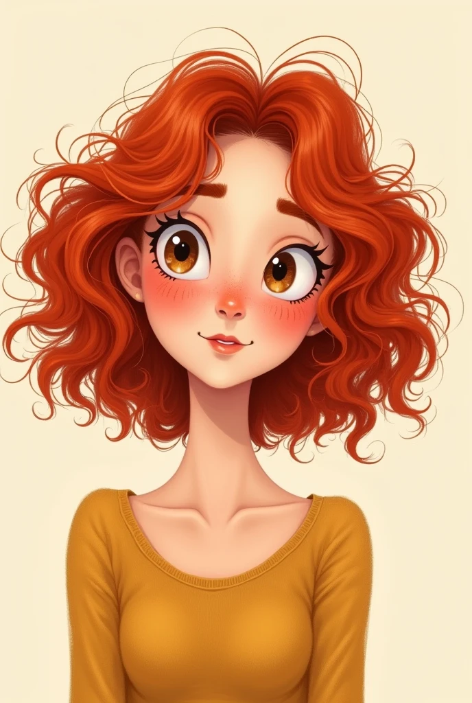 cute style drawing of a curly white redhead with brown eyes 