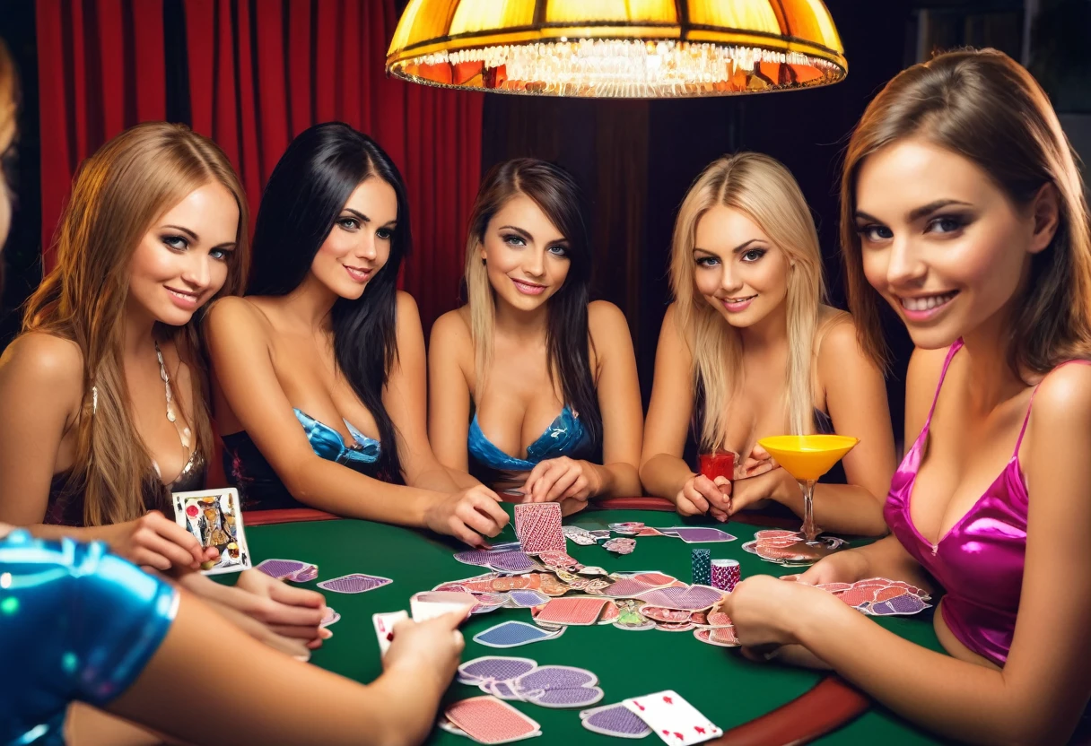 A bunch of pretty young women in various states of undress. They are sitting around a table playing cards (strip poker). Clothes are in the ante pile. They have colorful drinks. TV show