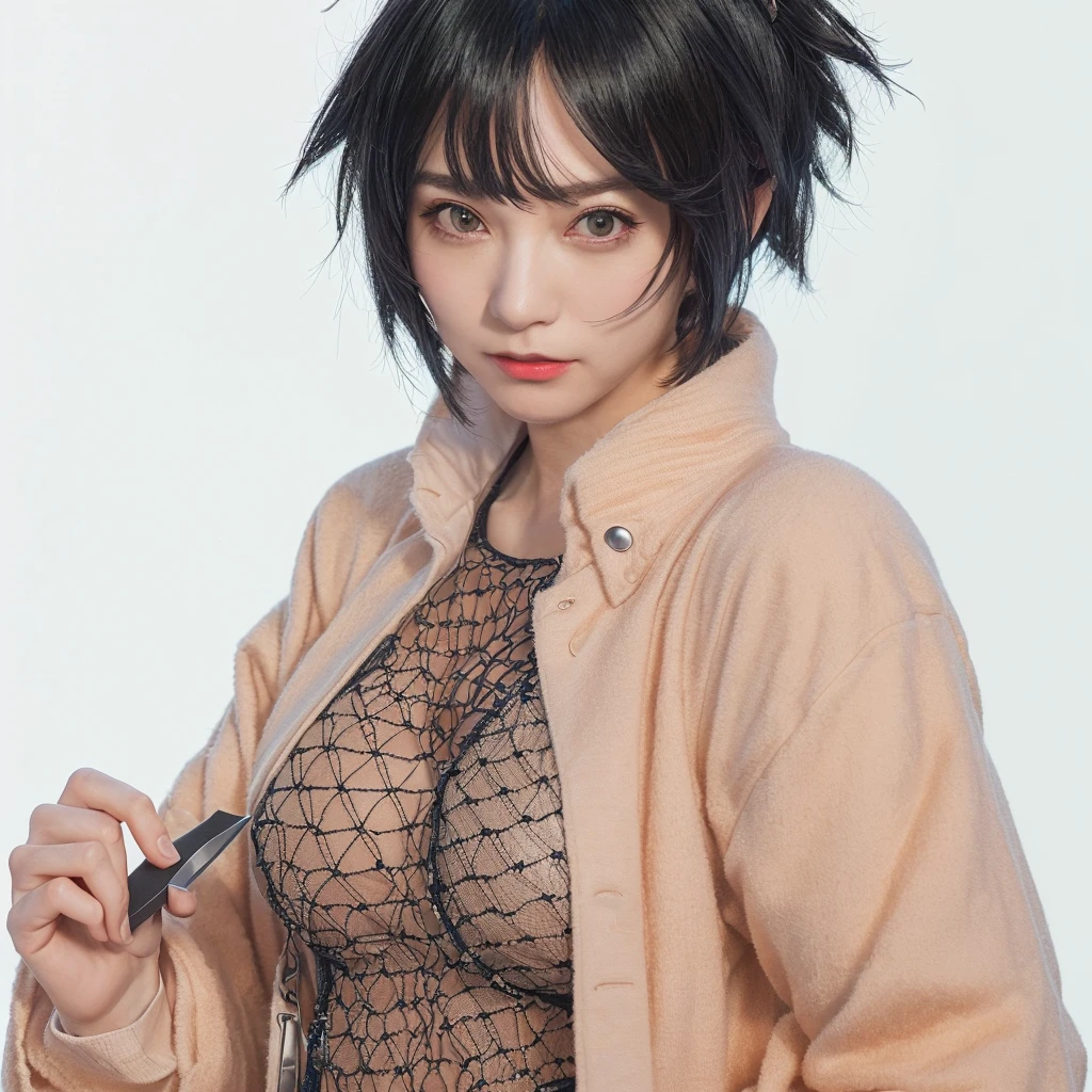 A man in his fifties wearing black clothes and carrying a knife, anime Cosplay, anime girl Cosplay, Trending on cgstation, Trending on cgstation, professional Cosplay, Cosplay, Gwaiz, With index finger, Short Hair, Cosplayer, full-Cosplay, realistic Cosplay, 2b ..., 2b, ayaka Cosplay, Jan J