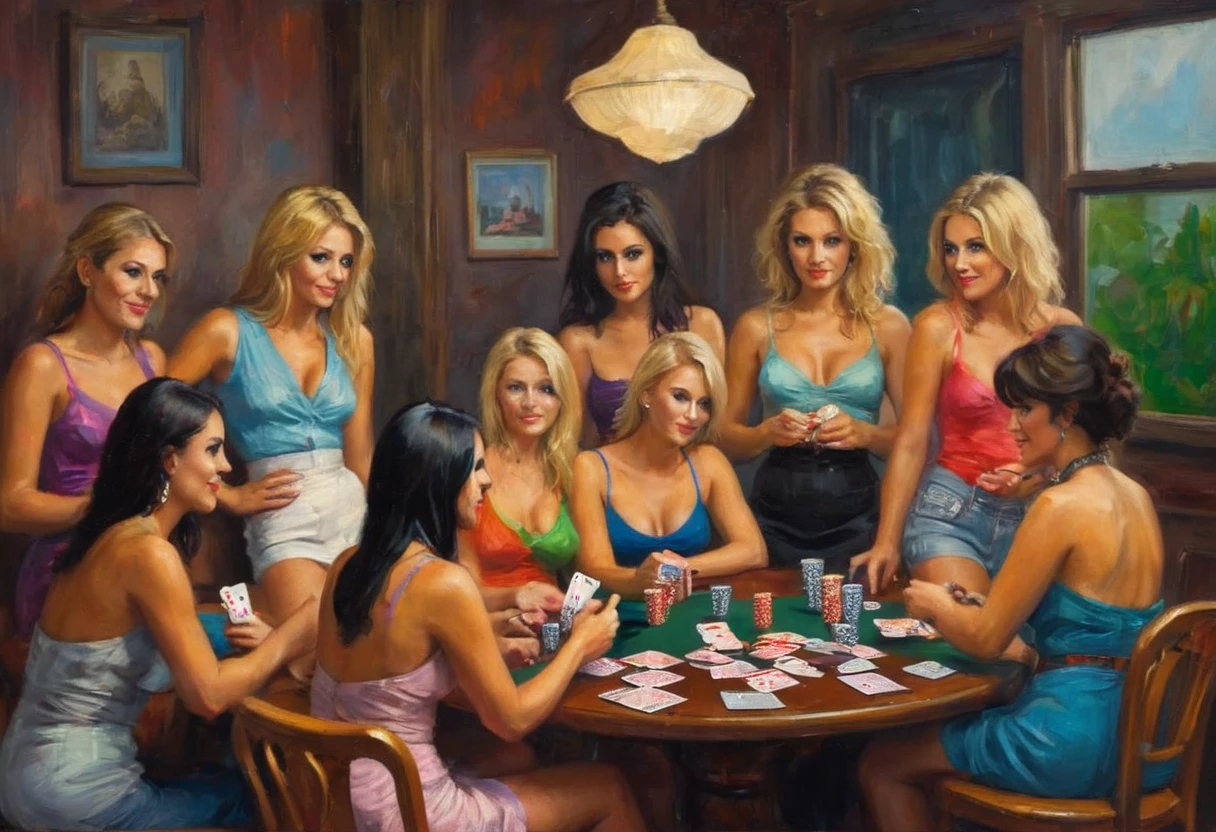 A bunch of pretty young women in various states of undress. They are sitting around a table playing cards (strip poker). Clothes are in the ante pile. They have colorful drinks. TV show