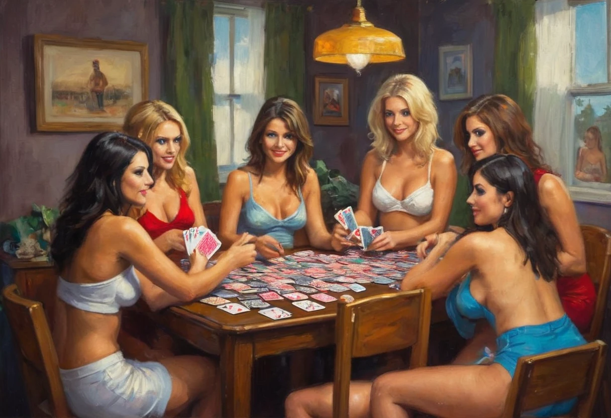 A bunch of pretty young women in various states of undress. They are sitting around a table playing cards (strip poker). Clothes are in the ante pile. They have colorful drinks. TV show
