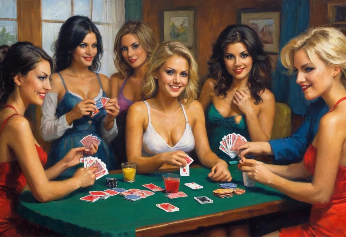 A bunch of pretty young women in various states of undress. They are sitting around a table playing cards (strip poker). Clothes are in the ante pile. They have colorful drinks. TV show