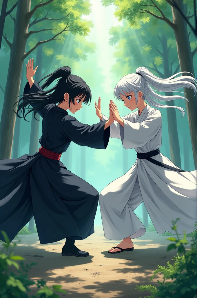Draw an anime scene where a black-haired, red-eyed girl in a black kung fu dress fights a white-haired, blue-eyed girl in a white kung fu dress in a Japanese forest.