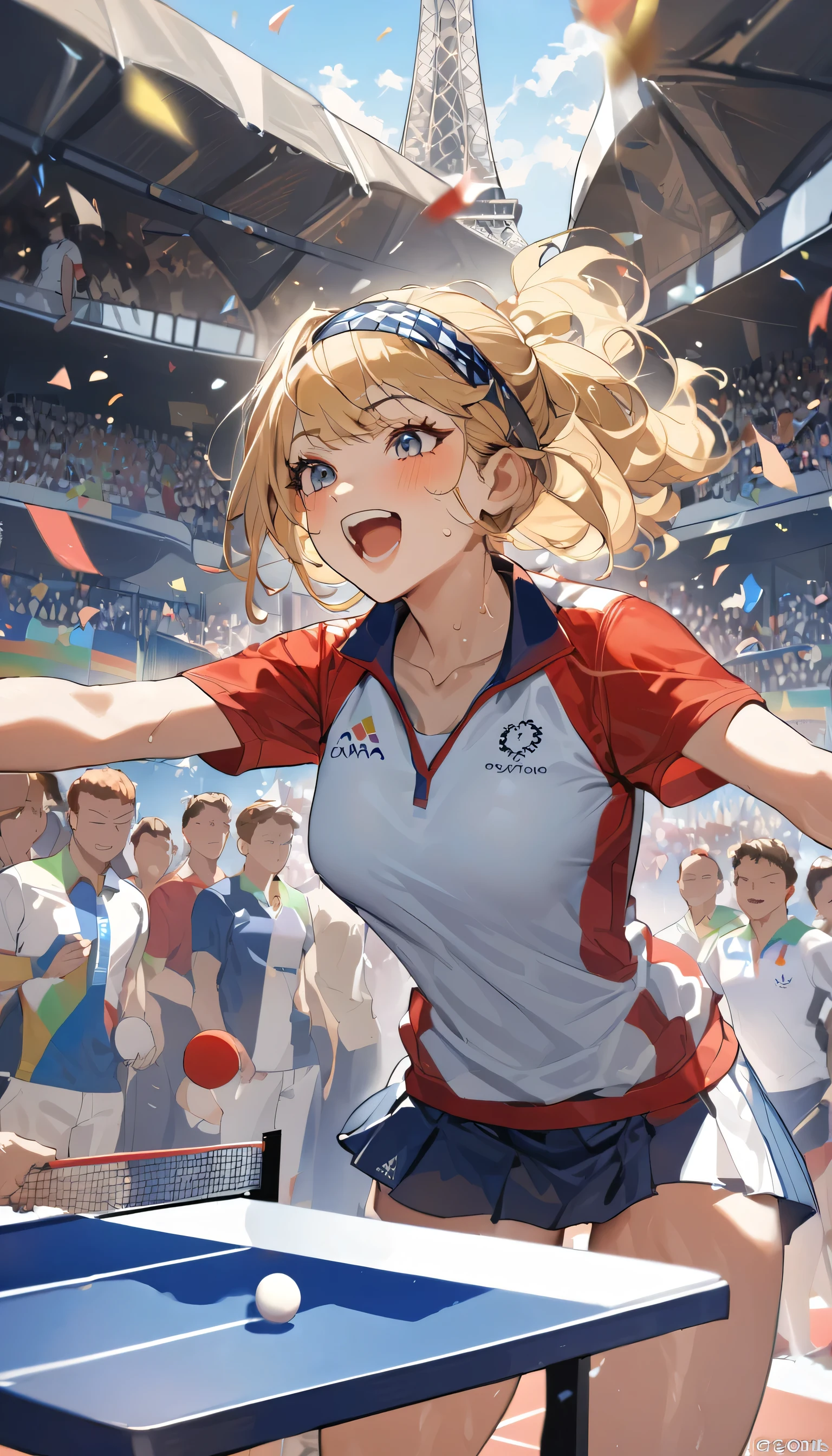 best quality, Good quality, 16K, Unbelievably ridiculous, Very detailed, 2.5D, Delicate and dynamic, Blue sky , table tennis, Table tennis competition,拿table tennis拍,Tight sportswear,table tennis拍击球,Sweat,Short skirt,sexly的17岁女孩,挥动table tennis拍,Olympic,Olympic Games uniforms,Big ,sexly,Swing and hit ping pong,Headband,crowd,A lot of people, Confetti, Olympic flag, crowd, audience,Many flags,Under the Eiffel Tower,Long blond hair