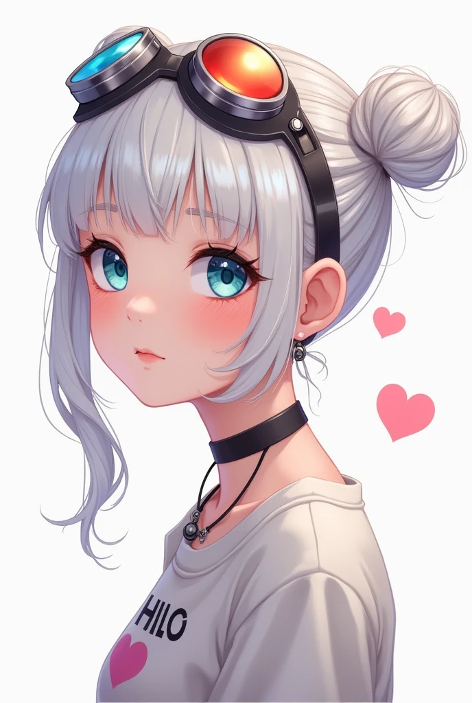 no smile, (face only headshot:1.6), 1girl, white hair, necklace, (realistic:1.6), photo, (bangs:1.1), side view, (detailed face and eyes:1.2), white background, perfect cute face, inventor goggles on head, turning to look at viewer, vibrant colors, floating hearts, cocky smile, choker, freckles, eyeshadow, pigtail buns, round face, (young face:1.3)