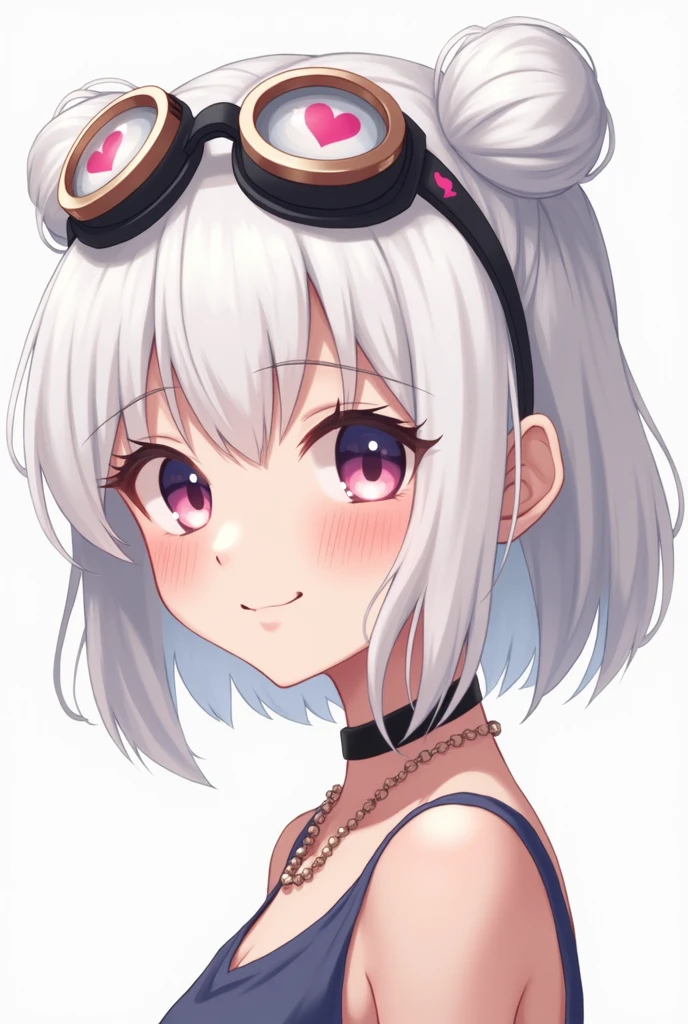 no smile, (face only headshot:1.6), 1girl, white hair, necklace, (realistic:1.6), photo, (bangs:1.1), side view, (detailed face and eyes:1.2), white background, perfect cute face, inventor goggles on head, turning to look at viewer, vibrant colors, floating hearts, cocky smile, choker, freckles, eyeshadow, pigtail buns, round face, (young face:1.3)