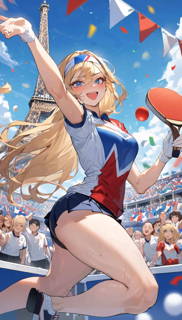 best quality, Good quality, 16K, Unbelievably ridiculous, Very detailed, 2.5D, Delicate and dynamic, Blue sky , pingpong, Table tennis competition,拿pingpong拍,Tight sportswear,pingpong拍击球,Sweat,Short skirt,Sexy的17岁女孩,挥动pingpong拍,Olympic,Olympic Games uniforms,Big ,Sexy,Swing and hit ping pong,Headband,crowd,A lot of people, Confetti, Olympic会旗, crowd, audience,Many flags,Under the Eiffel Tower,Long blond hair