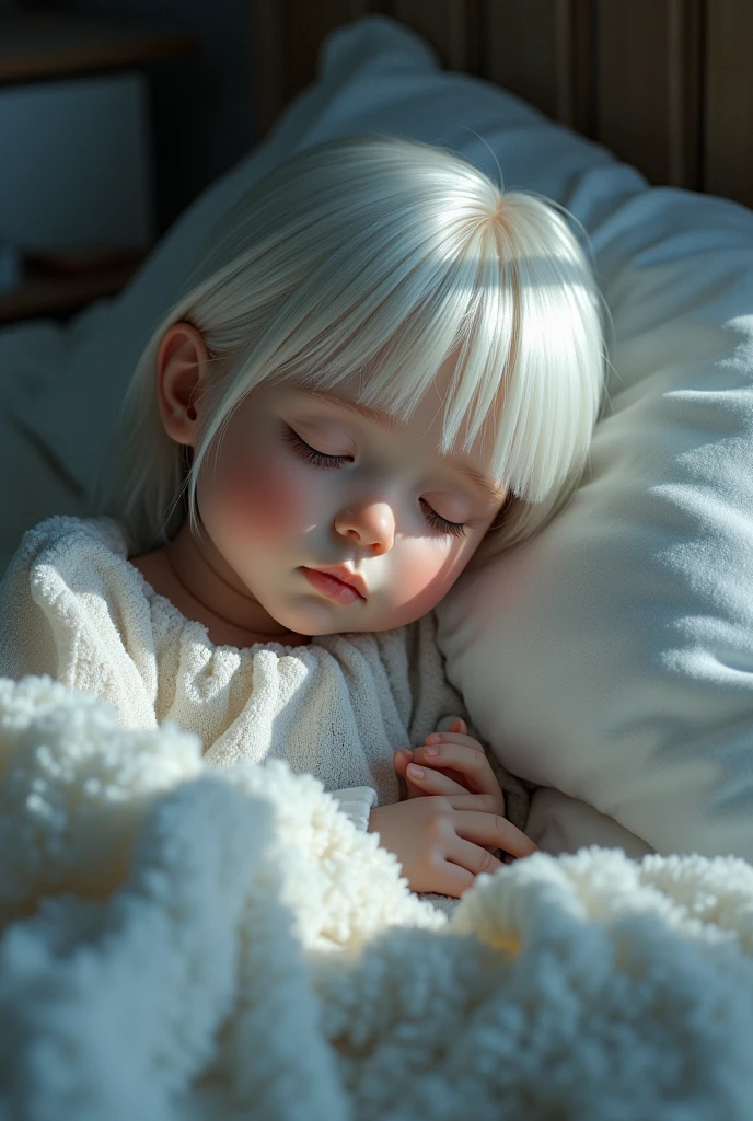 Masterpiece, Top Quality, Super Detail, 8K, Detailed Light, Detailed Shadows, RAW, (Detailed Skin), (Real: 1.2),, 1 Nordic girl, face, (9 ), white hair, sleeping on a plush bed, night dress