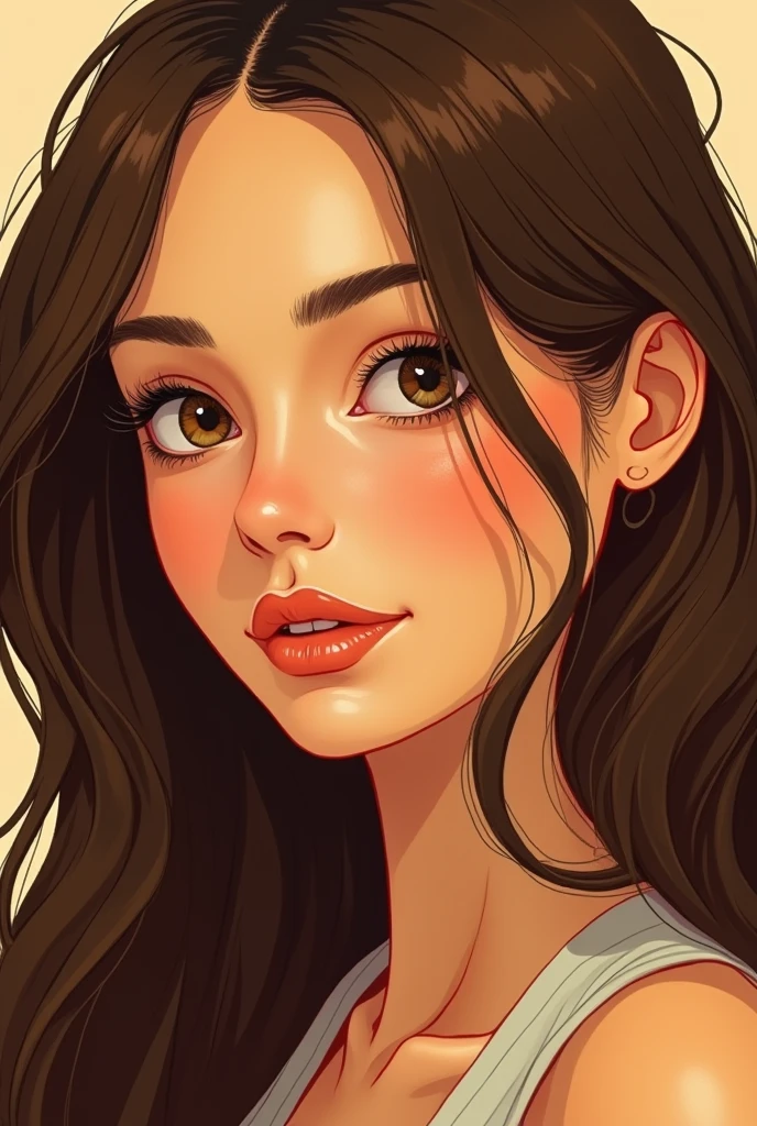 an illustration of a woman with long brown hair, in the style of ingrid baars, j. scott campbell, dark beige and light amber, close-up, thiago valdi, charming characters, 8k --ar 73:112 --stylize 750 --v 6