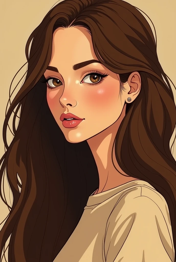 an illustration of a woman with long brown hair, in the style of ingrid baars, j. scott campbell, dark beige and light amber, close-up, thiago valdi, charming characters, 8k --ar 73:112 --stylize 750 --v 6