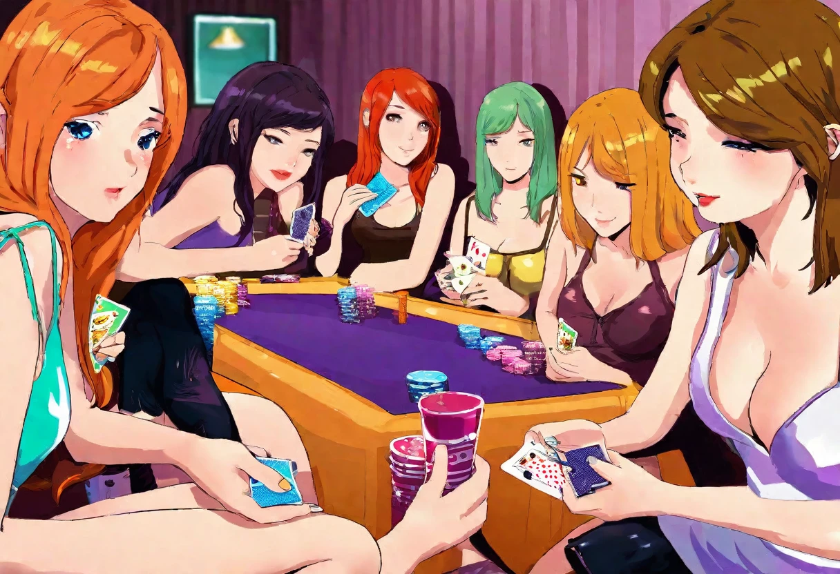 A bunch of pretty young women in various states of undress. They are sitting around a table playing cards (strip poker). Clothes are in the ante pile. They have colorful drinks. TV show