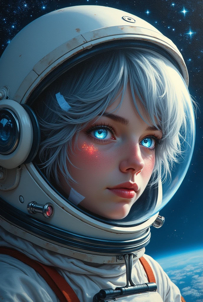(Close-up of a better masterpiece:1.5)0.9], (Space and astronauts:1.2) (Messy silver hair:1.1) (Heterochromia xanthochromia and blue eyes:1.2) (Space Helmet:1.0) (Colored stars in the eyes:1.0) (A radiant glow:1.1) (thick lips:0.9)