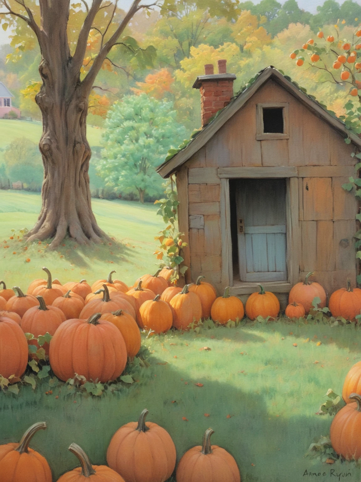 painting of a small house surrounded by pumpkins and a tree, pumpkin farm background, pastel art, pumpkin patch, halloween scene, pastel painting, by senior artist, pastel artwork, pastel drawing, by Anne Ryan, pastel style painting, added detail, pumpkins, autum garden, in the autumn, by Nancy Graves, autumn field, close scene, by Doris Blair